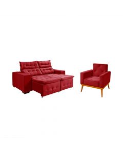 Kit Sofá Retratil Reclinável Bari 1,90 Pillow Mais Poltrona Florença em Veludo Vermelho